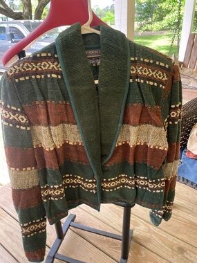 Shawl Collar Striped Knit Blazer Jacket - Green/Brown - VIdent